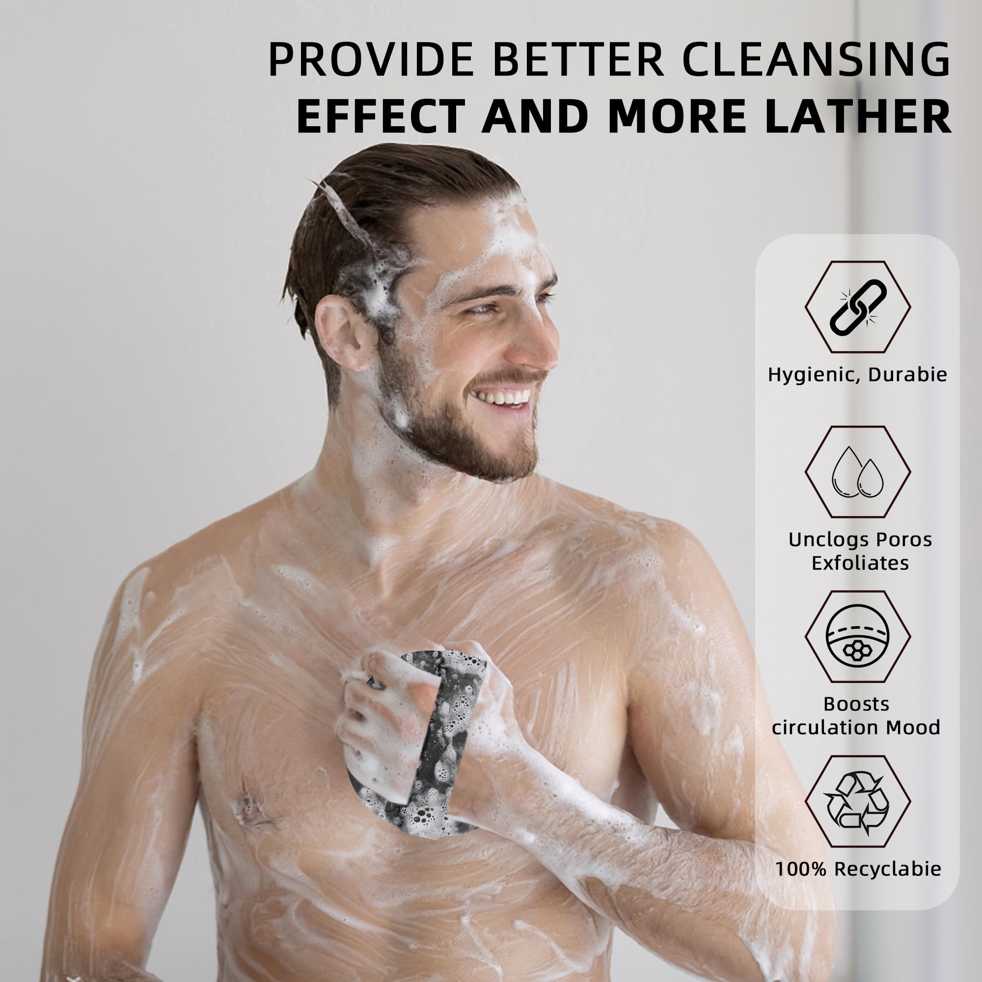 Silicone Body Scrubber, Exfoliating Body Wash Scrubbers Exfoliator, Shower Body Brush for Effective Showering Exfoliation and Gentle Massage, Lather Well and Anti-Slip Handle Loofah (Black)